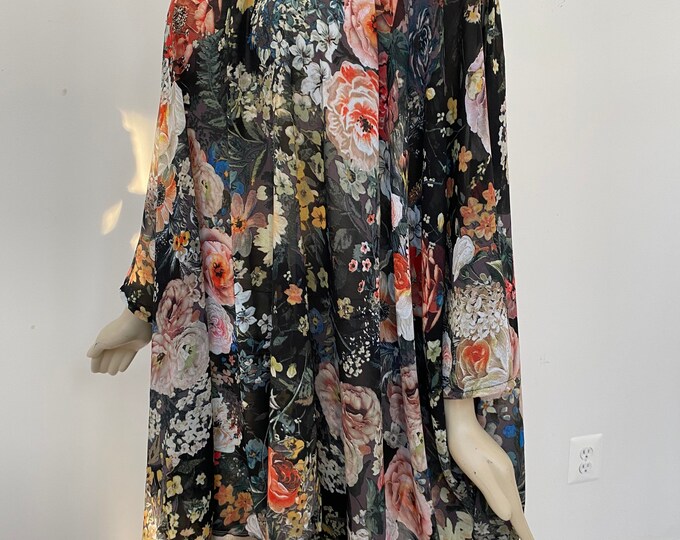 Spring Bouquet Chiffon Summer Kaftan. Women's Pink and Black Print Spring-Floral Summer Tunic Top. Sheer Swimsuit Kaftan Cover. One Size.