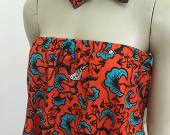 Burnt Orange African Print Cotton Summer Dress. Asymmetrical Flared Sleeveless Tank Dress with Belt. African Print Beach Mini Dress.