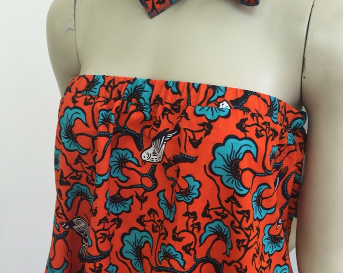 Burnt Orange African Print Cotton Summer Dress. Asymmetrical Flared Sleeveless Tank Dress with Belt. African Print Beach Mini Dress.