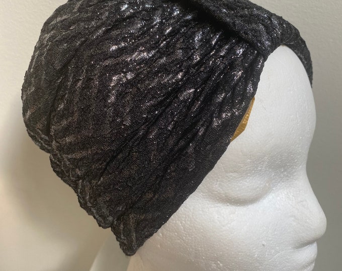 Woman's Black and Silver Chevron Turban Hat. Elegant Turban in Stretch Jersey. Sparkly Women's Turban. One Standard Size.