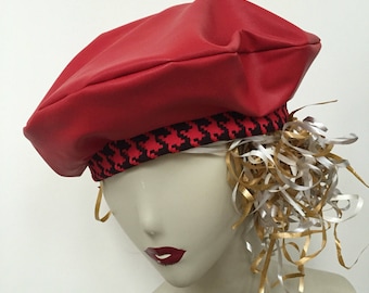 Red Faux Leather and Houndstooth French Beret Hat. Women's Waterproof Fashion Caps. Chic and Trendy Hats. One Size.