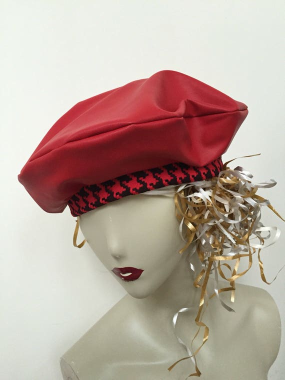 Red Faux Leather and Houndstooth French Beret Hat. Women