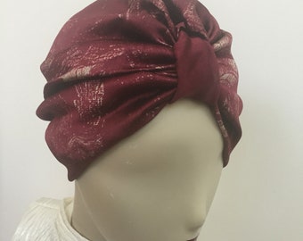 Woman's Burgundy Silk Turban Hat. Elegant Turban in Glossy Stretch Italian Silk. Floral Red and Gold Women's Turban. One Standard Size.