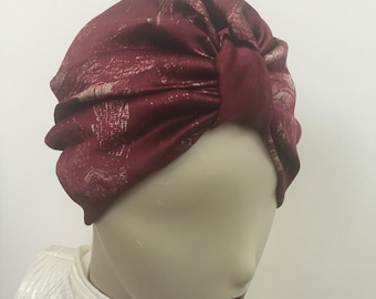 Woman's Burgundy Silk Turban Hat. Elegant Turban in Glossy Stretch Italian Silk. Floral Red and Gold Women's Turban. One Standard Size.