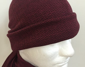 Gentleman's Burgundy Slouchy Hat and Scarf Set. Men's Dark Red Herringbone Knit Beanie Hat and Scarf. Wine Fall/Winter Hat and Scarf Gifts