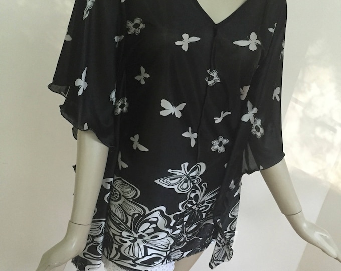 Black and White Butterfly Kaftan. Stretch Polyester Tunic Dress. Women's Casual Summer Top. Gifts for Her