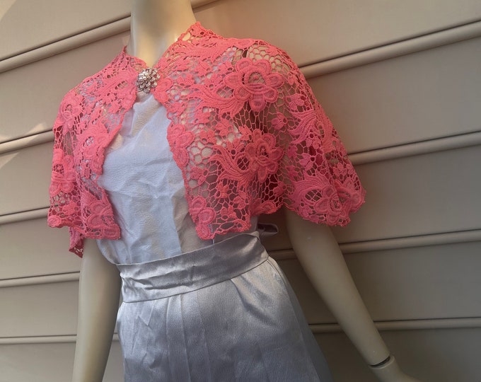 Pink Coral Guipure Lace Cape. Floral Petal Lace Wedding Shrug. Women's Elegant Sheer Covers. Available in Sizes S.