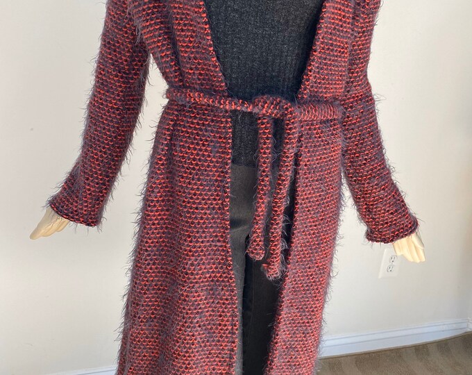 Red Mohair Long-sleeve Cardigan. Open Front Fluffy Knit Coat. Transitional Layering Piece for Spring. Red Wool And Acrylic Jacket.