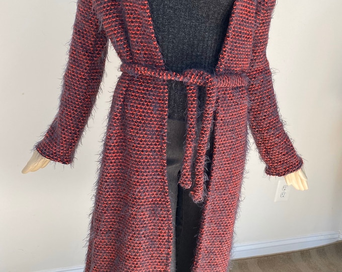 Red Mohair Long-sleeve Cardigan. Open Front Fluffy Knit Coat. Transitional Layering Piece for Spring. Red Wool And Acrylic Jacket.