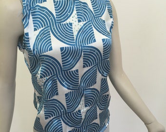 Teal Abstract Sequin Silk Blouse. Blue and White Satin Silk Tank Top. Geometric Pattern Sparkly Italian Silk.