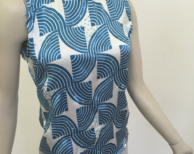Teal Abstract Sequin Silk Blouse. Blue and White Satin Silk Tank Top. Geometric Pattern Sparkly Italian Silk.