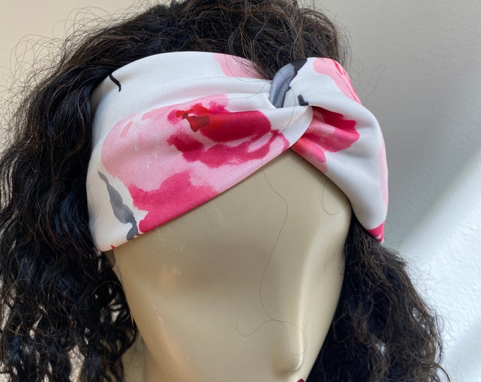 Pink Floral Turband.  Stylish Hair Bands in Fashion Colors. Multi-use, Handmade Hair Scrunchies and Wristbands. One Size.
