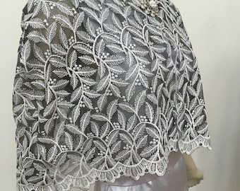 Patterned Silver Glitter Lace Cape. Women's Sheer Nylon Embroidered Lace Wedding Shrug. Bridal Sparkly Layered Top. Formal Covers. One size.