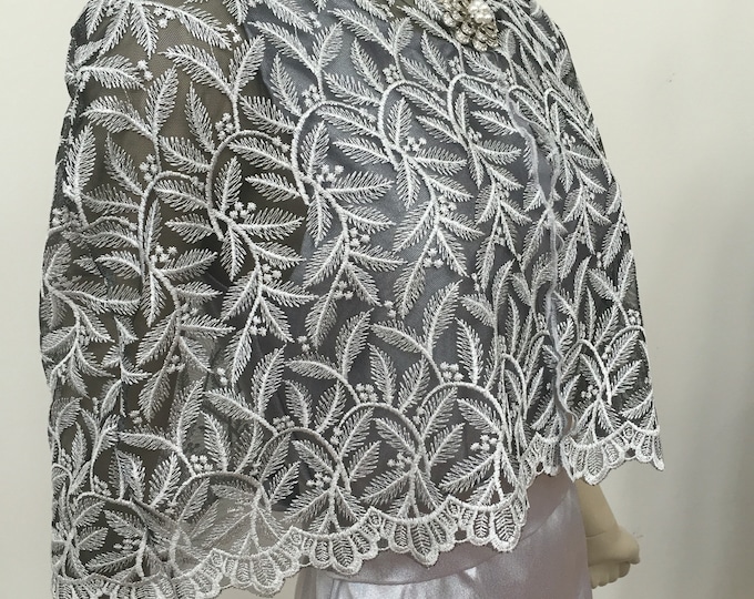 Patterned Silver Glitter Lace Cape. Women's Sheer Nylon Embroidered Lace Wedding Shrug. Bridal Sparkly Layered Top. Formal Covers. One size.