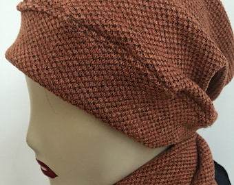Woman's Burnt Orange Slouchy Hat and Scarf Set. Women's Patterned Knit Beanie Hat and Scarf. Soft Tan Winter Hats and Scarves. Gifts for Her