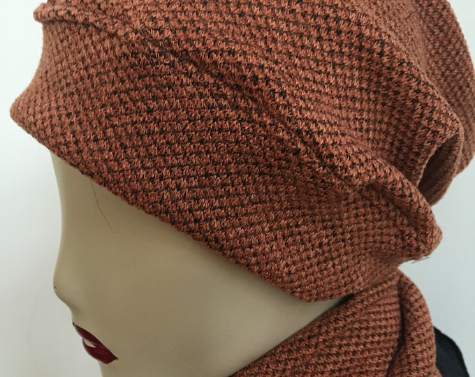 Woman's Burnt Orange Slouchy Hat and Scarf Set. Women's Patterned Knit Beanie Hat and Scarf. Soft Tan Winter Hats and Scarves. Gifts for Her