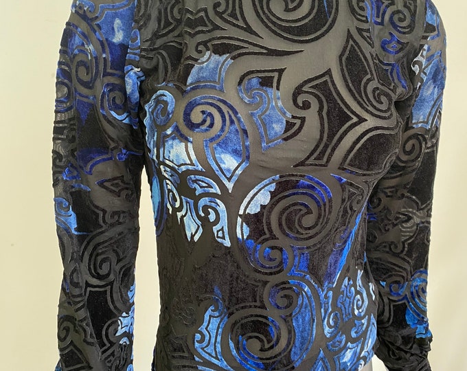 Royal Blue Burnt Out Velvet Sleeve Turtle Neck. Women’s Elegant Blue Black Turtle Neck Blouse. Stretch Velvet Pullover. Fancy Tops.