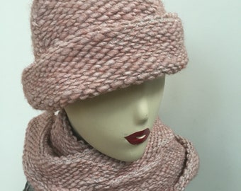 Blush Pink Ultra Soft Italian Wool Hat and Scarf Set. Women's Tea Rose Wool Circle Scarves. Light Pink Infiniti Scarves. Gifts for Her.