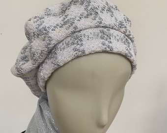 White and Silver Tweed Beret Style Hat. Women's Fashion Hat. Stylish Handmade Hats for Her.