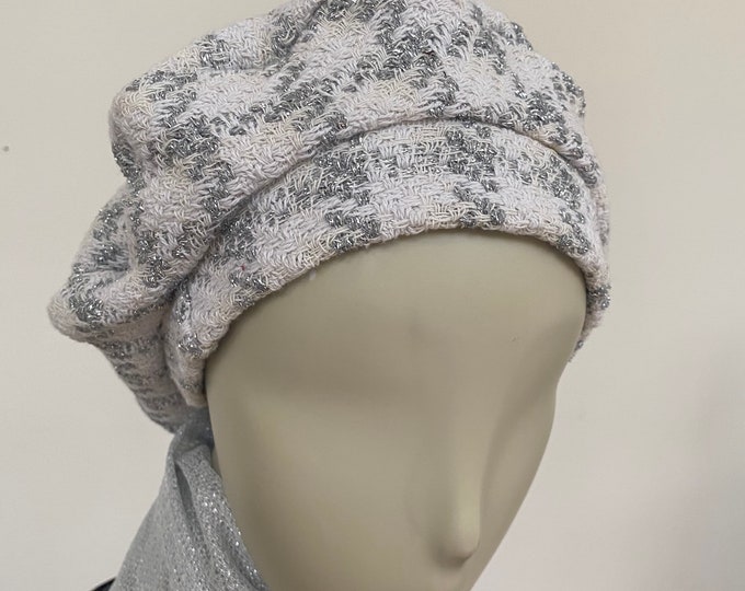 White and Silver Tweed Beret Style Hat. Women's Fashion Hat. Stylish Handmade Hats for Her.
