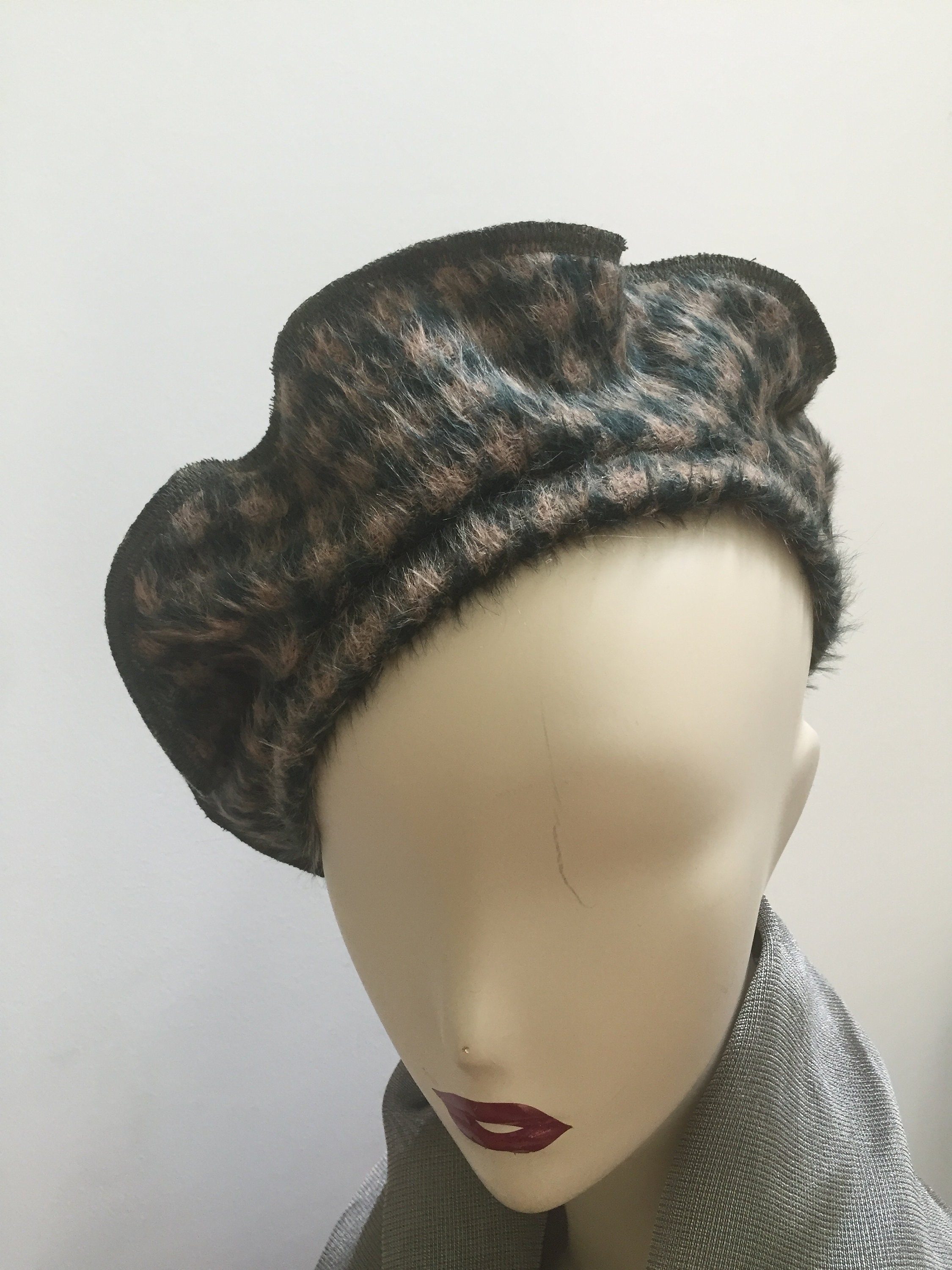 Olive Wool Fur Houndstooth Beret Style Hat Green Short Hair