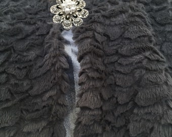 Dark Gray Faux Fur Capelett. Graphite Velvet Jacquard Bib  Shrug. Grey Plush Bridal Mini Cape. Women's Formal Covers.