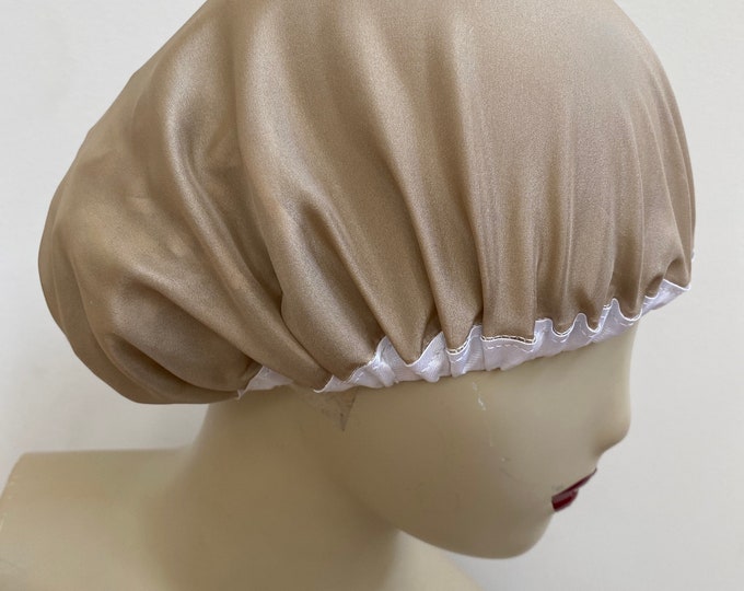 Luxurious Beige Silk Sleep Hat. Elegant Bed Cap with Satin Trim. Women's Fancy night Cap. Wear With or Without Hair. One Standard Size.