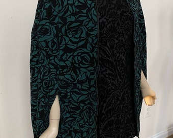Rose Patterned Green and Black Burn-out Velvet Cape. Green Dresses and Fashion Accessories.