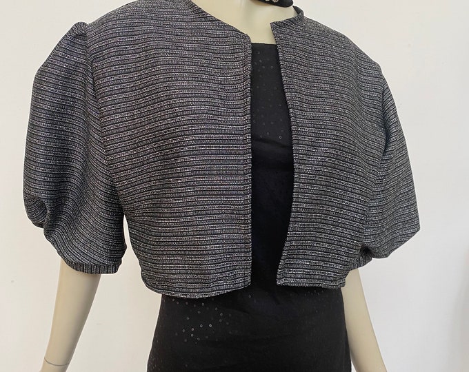 Black and Metallic Silver Jacket. Women’s  Sparkly Cropped Jacket with Puffed Sleeves. Minimalist Chic Tops.