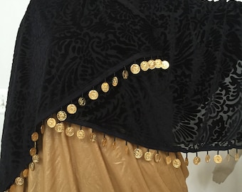 Black Velvet Jacquard Wrap Scarf with Gold Coin Fringe. Elegant Evening Scarves. Black and Gold Women's Wrap with Gold Coins.