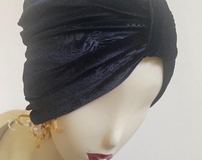 Woman's  Velvet Jacquard Turban Hat. Black Floral Stretch Velvet Turban. Soft and Elegant. Elegant Headwear, Wear With or Without Hair.