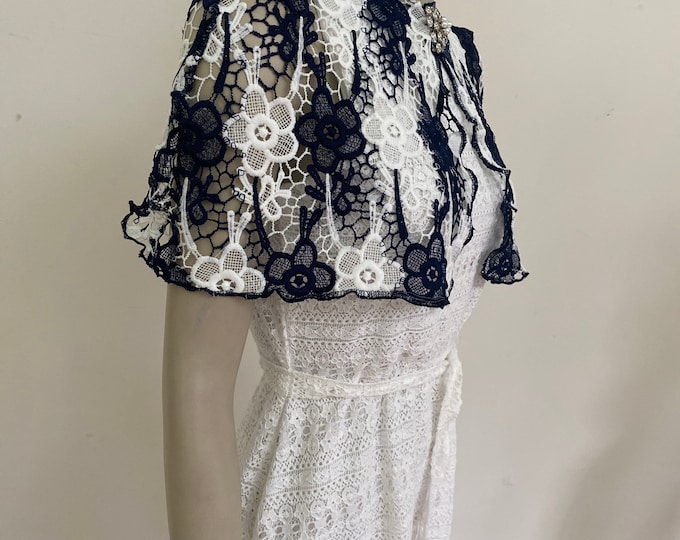 Blue and White Guipure Lace Cape. Floral Lace Wedding Shrug. Women's Elegant Sheer Covers. Size S.