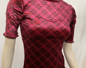 Red Velvet Tartan Turtle Neck with Short Sleeves. Shimmery Plaid Velvet Jersey Turtle Neck. Women's Elegant Holiday Tops.