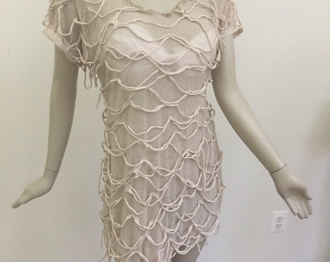 Beige Shredded Mini Dress with Scoop Neck. Natural Shredded Jersey Summer Dress. Semi Sheer Shredded Beach Cover-up.