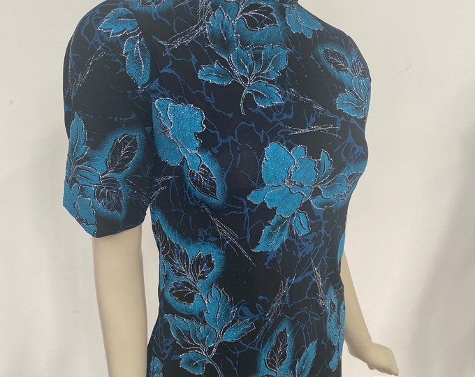 Teal, Blue and Black Short Sleeve Turtle Neck. Sparkly Floral Turtle Neck. Stretch  Knit Turtle Neck. Women's Fancy Tops.