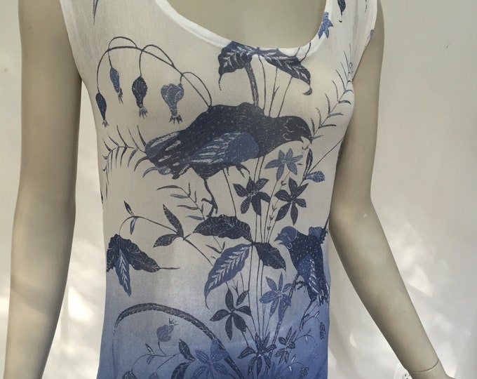 Birds in Paradise Blue Maxi Vacation Dress in Sheer Mesh. Sleeveless Tropical Print Summer Tank Dress. Women's Size M (6-8).