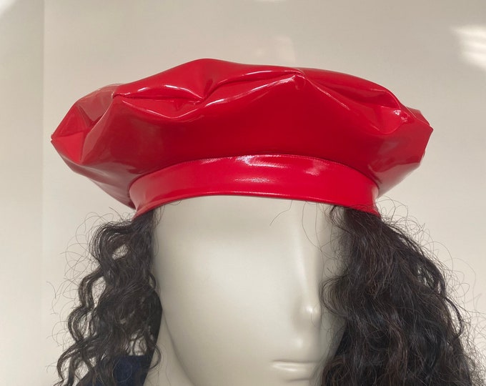 Scarlet Red Faux Patent Leather French Beret with Flexi Band. Women's Waterproof Fashion Hats. Chic Caps. With or Without Hair. One Size.