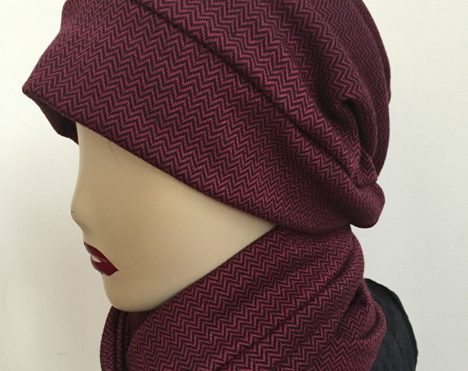 Woman's Burgundy Slouchy Hat and Scarf Set. Women's Dark Red Herringbone Knit Beanie Hat and Scarf. Wine Winter Hat and Scarf Gifts for Her.
