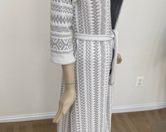 Minimalist Tribal Print Long Coat. Chic Transitional Layering Piece for Spring. Fused Cotton Exterior with Insulated Voile Interior.