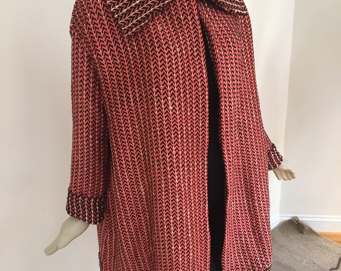 Orange Chevron Knit Dress Coat for Fall. Long Sleeve A-Line Coat with Shawl Collar.