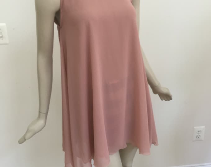 Tea Rose Chiffon A-Line Sleeveless Dress. Nude Summer Dress with Keyhole Back. Neutral Tone Jewel Neck Chiffon Dress.