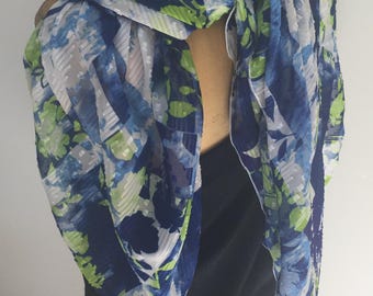 White Blue Green Swiss Dots Cotton Scarf. Women's Floral Voile Scarves. Women's Elegant Cotton Shawl. Spring and Summer Wrap. Gift for Her