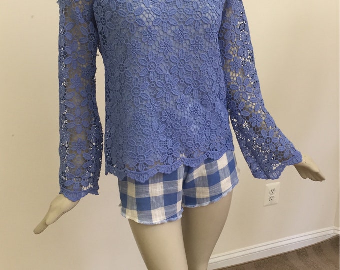 Iris Blue Guipure-type Lace Blouse. Floral Lace Cover Women's Turtle Neck Top. Women's Formal Tops. Custom Sizes Available.