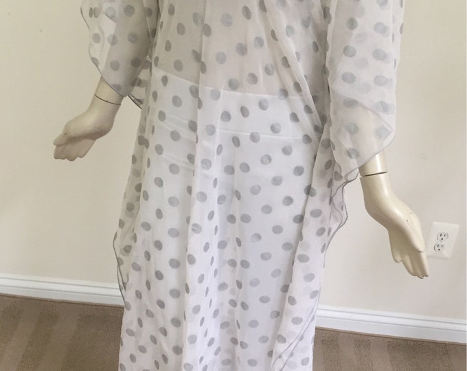 Breezy Kaftan in White Silky French Chiffon with Painted Gray Dots. Elegant Sheer White Kaftan. For Summer Beach Weddings and Rehearsals.