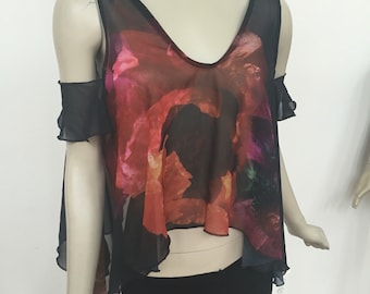 Black Red Chiffon Asymetrical Crop Top. Cold Shoulder Casual Summer  Top.