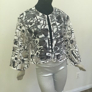 Abstract Black and White Jacquard Organza Jacket. Elegant Semi-sheer Organza Jacket with Bell Sleeves. Fine Layering Pieces.