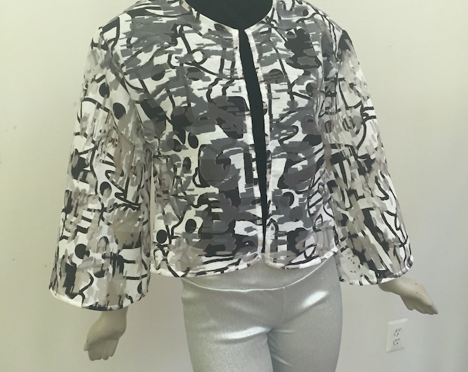 Abstract Black and White Jacquard Organza Jacket. Elegant Semi-sheer Organza Jacket with Bell Sleeves. Fine Layering Pieces.