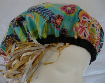 Floral Fantasy Classic Shower Cap with Black Satin Trim. Laminated Cotton. Retro Shower Caps. Fancy Bath Hats. One Adult Size.