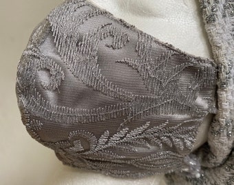 Fancy Nude/Silver Floral Embroidery Face Mask with Satin Lining. Face Covering for Weddings and Special Events.