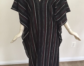 Black Red and White Metallic Stripe V-neck Kaftan. Elegant Cotton Gauze Sparkly Kaftan. Cotton Summer Beach Wear.